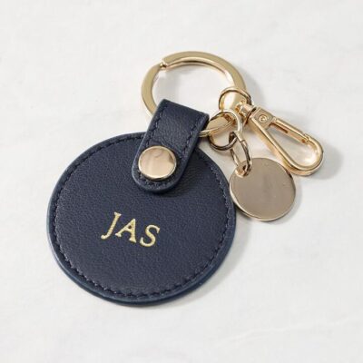 Personalised Navy Leather Circle Keyring